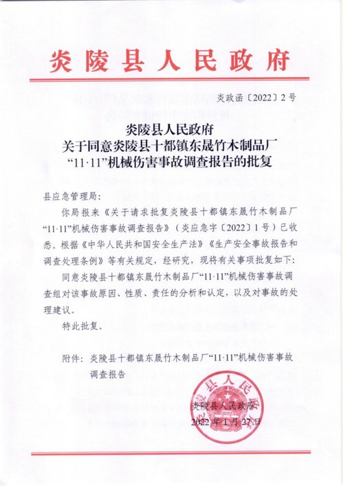 关于同意炎陵县十都镇东晟竹木制品厂 11 11 机械伤害事故调查报告的批复